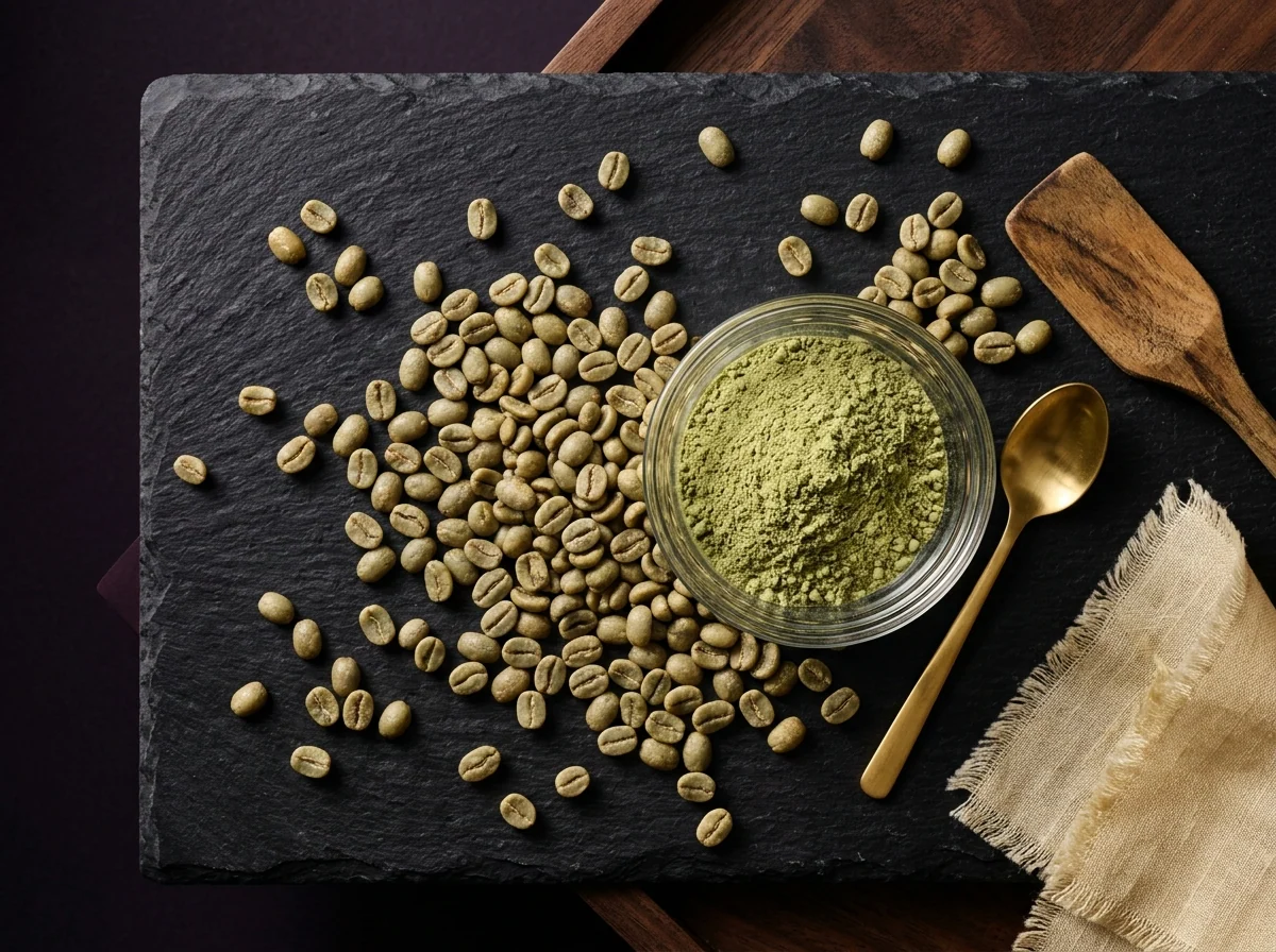 Green coffee bean extract - flat-lay of whole green beans and powder