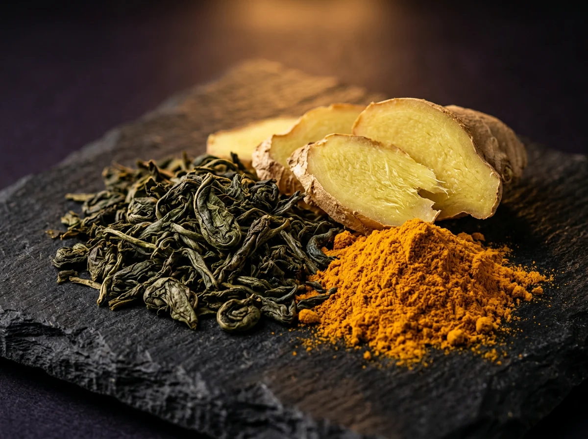 Botanical herbs including green tea leaves, ginger and turmeric