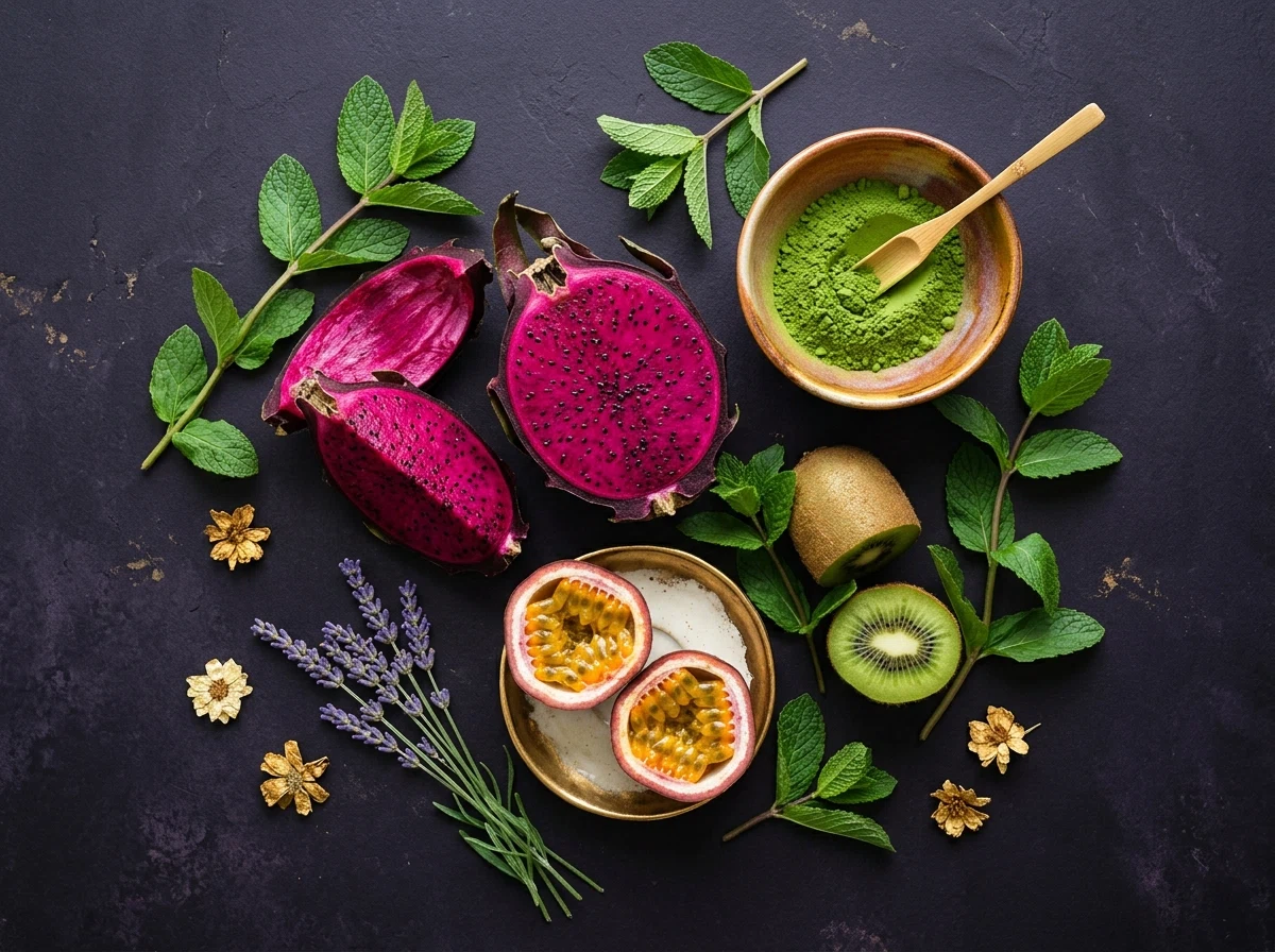 Tropical botanicals including dragon fruit, passion fruit and matcha